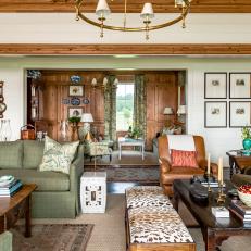 Traditional Living Room and Lounge With Pine Paneling and Earth Tone Patterns