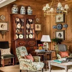 Traditional Pine Paneled Farmhouse Lounge With China Cabinet 