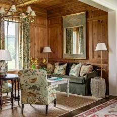 Traditional Pine Paneled Sitting Room With Sofa and Chairs 
