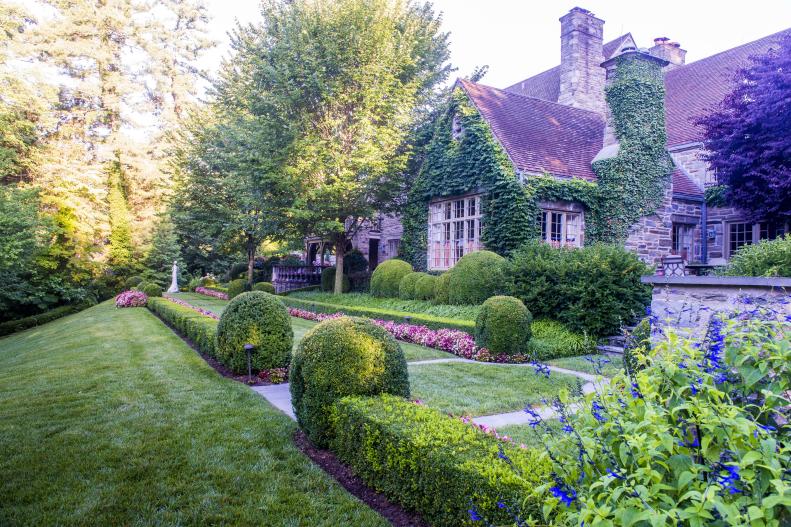 Ivy-Covered Cottage Exterior, Big, Landscaped Backyard with Hedges