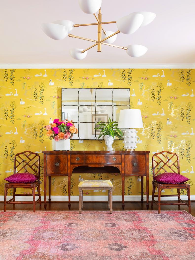 Gold Light Fixture and Bright Yellow Wallpaper