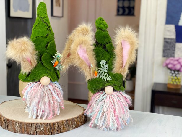 Cut miniature faux floral accessories into smaller pieces and glue them onto the hat. Bend it’s ears, fluff and trim it’s beard to finish the look! Tip: If the egg does not stand, because of the weight of the features or it does not have a flat bottom, glue on a wood slice for a base.