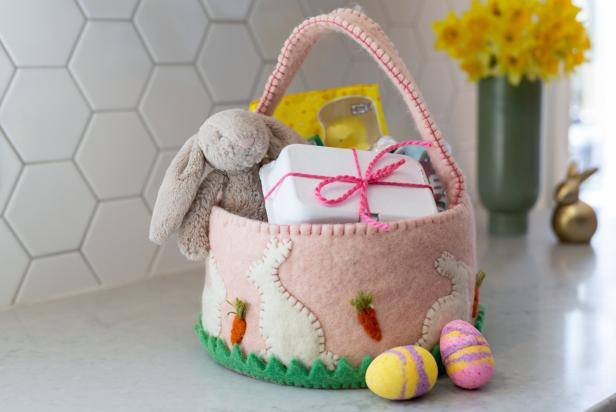 Pink Easter Basket on Counter, Yarn-Wrapped Egg Carton, Bunny Inside