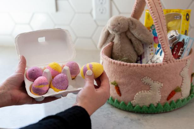 Felt Easter Basket on Counter, Egg-Shaped Bath Bombs in Carton Beside