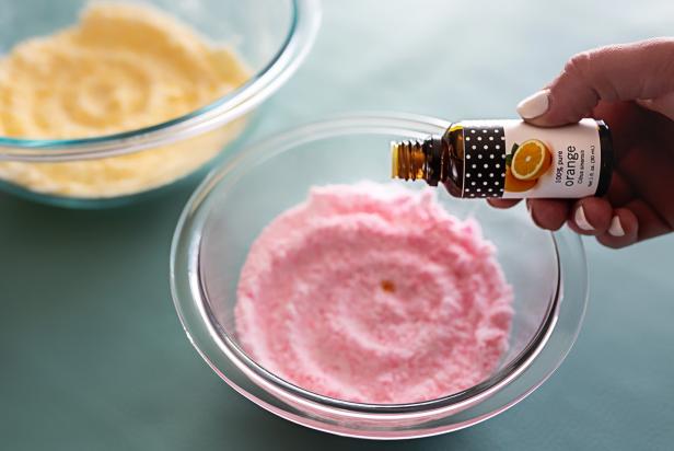 Then, add 6-7 drops of essential oil into each bowl. Note: Remember that essential oils are extremely concentrated and that some oils can be more harsh on skin than others. Always use fewer than 10 drops per oil and test any product you create with them for sensitivities. Stir in essential oils with a fork.