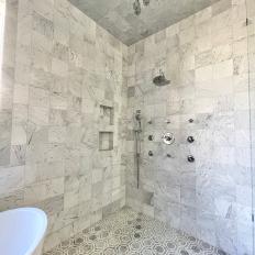 Gray Shower Wet Room With Hexagonal Floor