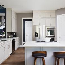 Gray Transitional Open Plan Kitchen With Dark Barstools
