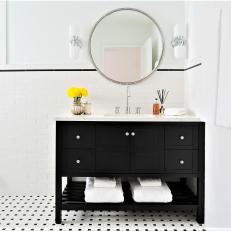 Black and White Bathroom With Yellow Flowers