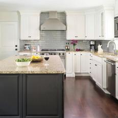 White Transitional Chef Kitchen With Gray Island