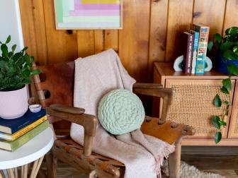 Lime Green DIY Chunky Knit Pillow On Wooden Chair In Corner Nook