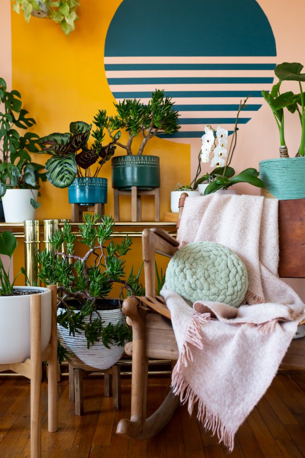 Lime Green DIY Chunky Knit Pillow On Rocker In Corner Nook With Cacti