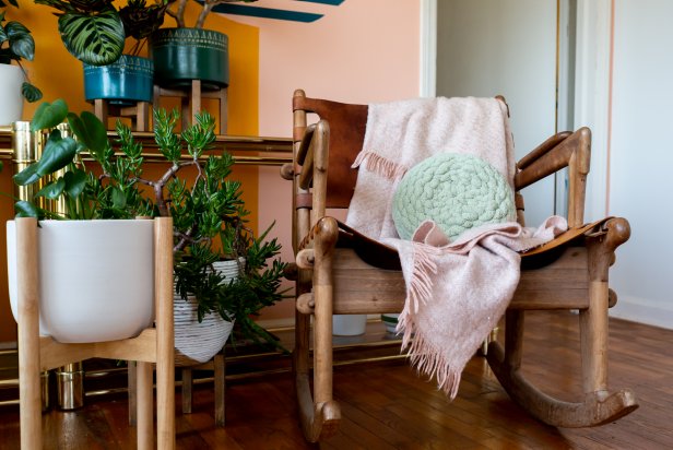 Lime Green DIY Chunky Knit Pillow On Rocker In Corner Nook With Cacti