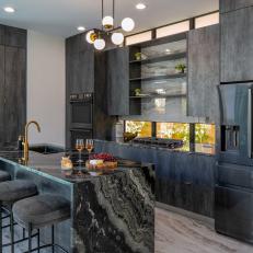 Gray Modern Open Plan Kitchen With Wine Glasses