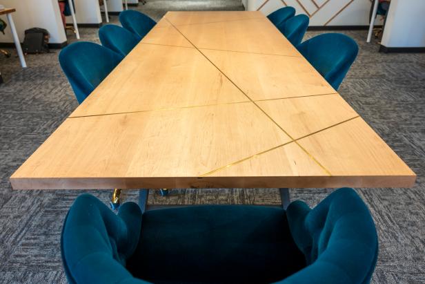 Custom Conference Table With Brass Inlay and Reclaimed Wood