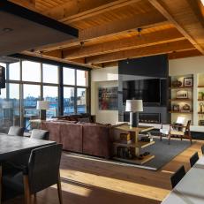 Contemporary Rustic Great Room With Black Fireplace