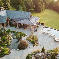Craftsman Poolhouse and Stone Terrace