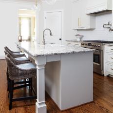 White Transitional Kitchen With Gray Wicker Barstools
