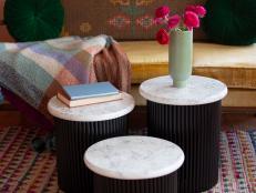 Fluted End Tables with Flowers on Marble-Like Paint Effect on Top