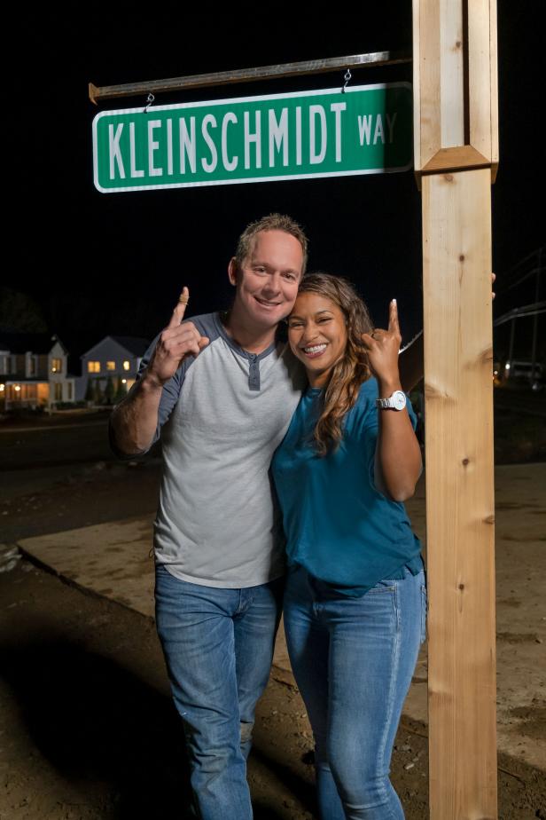 As seen on HGTVâ  s Rock the Block season 2, Brian and Mika Kleinschmidt hang the victory sign