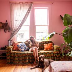 Artist Molly Mansfield's Pink, Eclectic Living Room