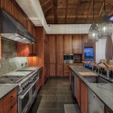 Tropical Chef Kitchen With Gray Countertops