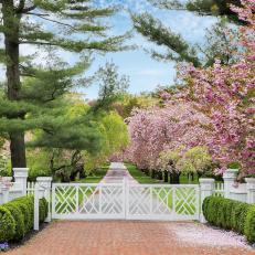 White Entry Gate Leads to Residence's Drive Lined in Cherry Trees