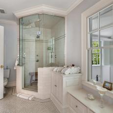 Mosaic Tile Floor Joins Subway Tile Shower in Traditional Bathroom