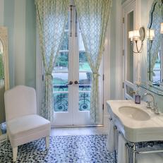 Blue Cottage Bathroom With French Doors