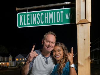 As seen on HGTV’s Rock the Block season 2, Brian and Mika Kleinschmidt hang the victory sign
