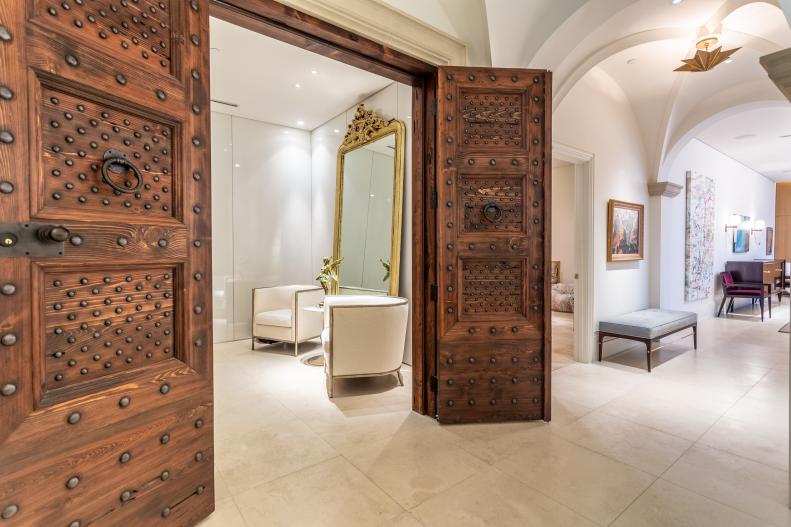 Decorative Ceilings, Massive Mirror, Marble Tile Floors in Condo Foyer