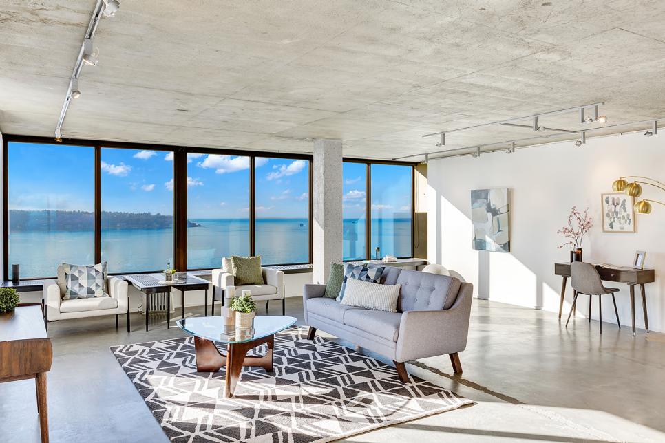 Big Modern Living Room, Concrete Ceiling, Views of Water, Small Desk