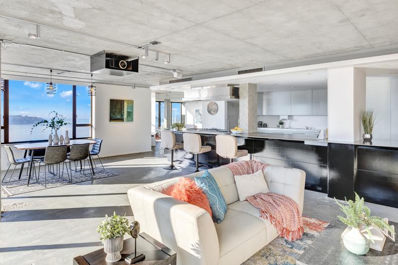 Concrete Ceiling in Condo, Open Living Space, Dining, Skyline Views