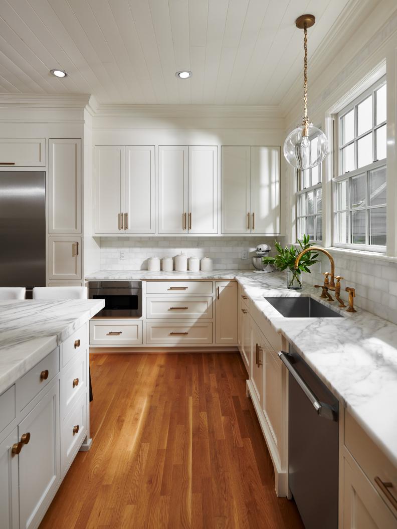 Bronze Hardware on Kitchen Cabinets, Marble Island, Pendant at Sink