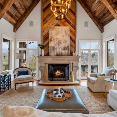 Warm Wood From Ceiling to Fireplace in Sundrenched Living Room