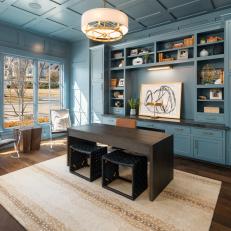 Blue Transitional Home Office With Spotted Rug