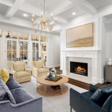 White Transitional Living Room With Velvet Sofa