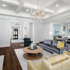 Gray Transitional Living Room With Yellow Chairs