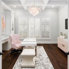 White Home Office With Pink Armchair