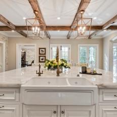 Farmhouse Sink and Gold Lanterns for Transitional Kitchen