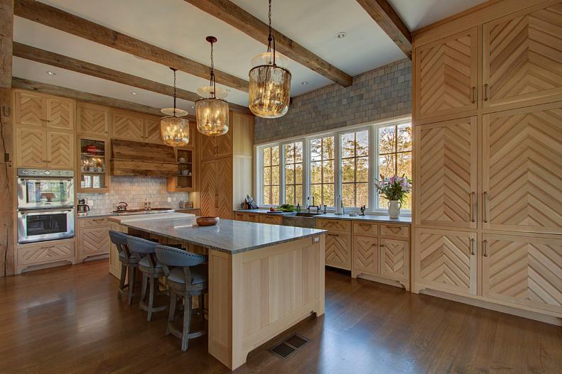 Exposed Beams, Herringbone Pattern on Cabinets, Kitchen Island Seats