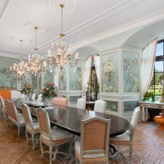 Floral Wall Covering and Crystal Chandeliers for Gorgeous Dining Room