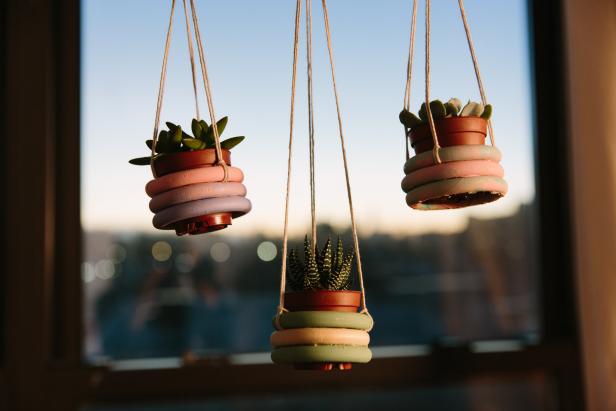  Wood Ring Hanging Planters in Window with Terra Cotta Pots Inside