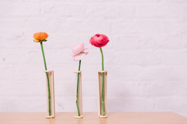 Test Tube Glass Vases with Single Flower in Each, Wood Ring Base