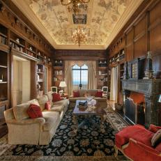 Stately Walnut Library With Hand-Painted Ceiling