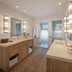 Slab Countertops and Undermount Sinks for Two-Vanity Bathroom