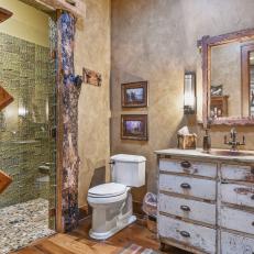 Rustic Bathroom With White Weathered Vanity