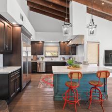 Open Plan Kitchen With Red Barstools
