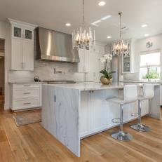 White Transitional Kitchen and Barstools