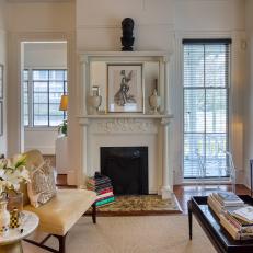 Transitional Living Room With White Fireplace