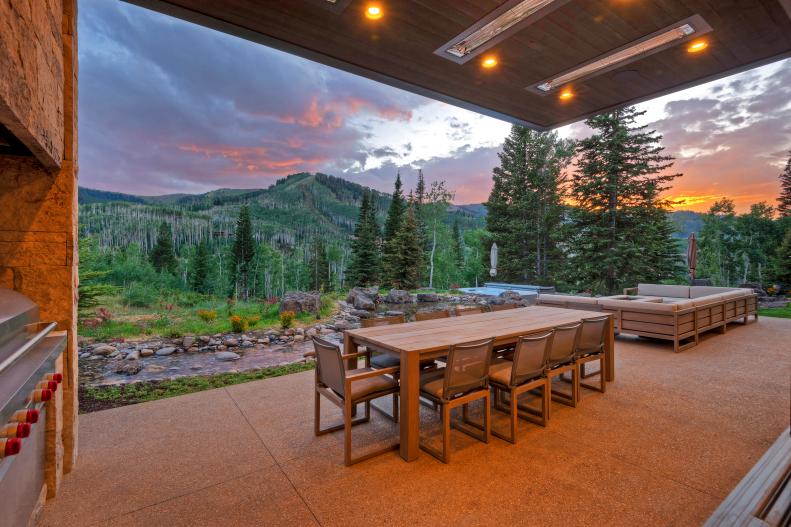 Covered Patio With Heaters at Mountain Retreat, Dining Table, Fire Pit